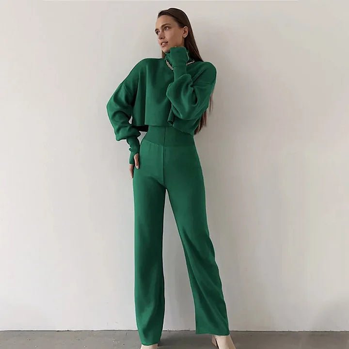 Gebreide tweedelige set - Dames Turtleneck High Waisted Broek met wijde pijpen Co-Ord Set-Hallo Susanne