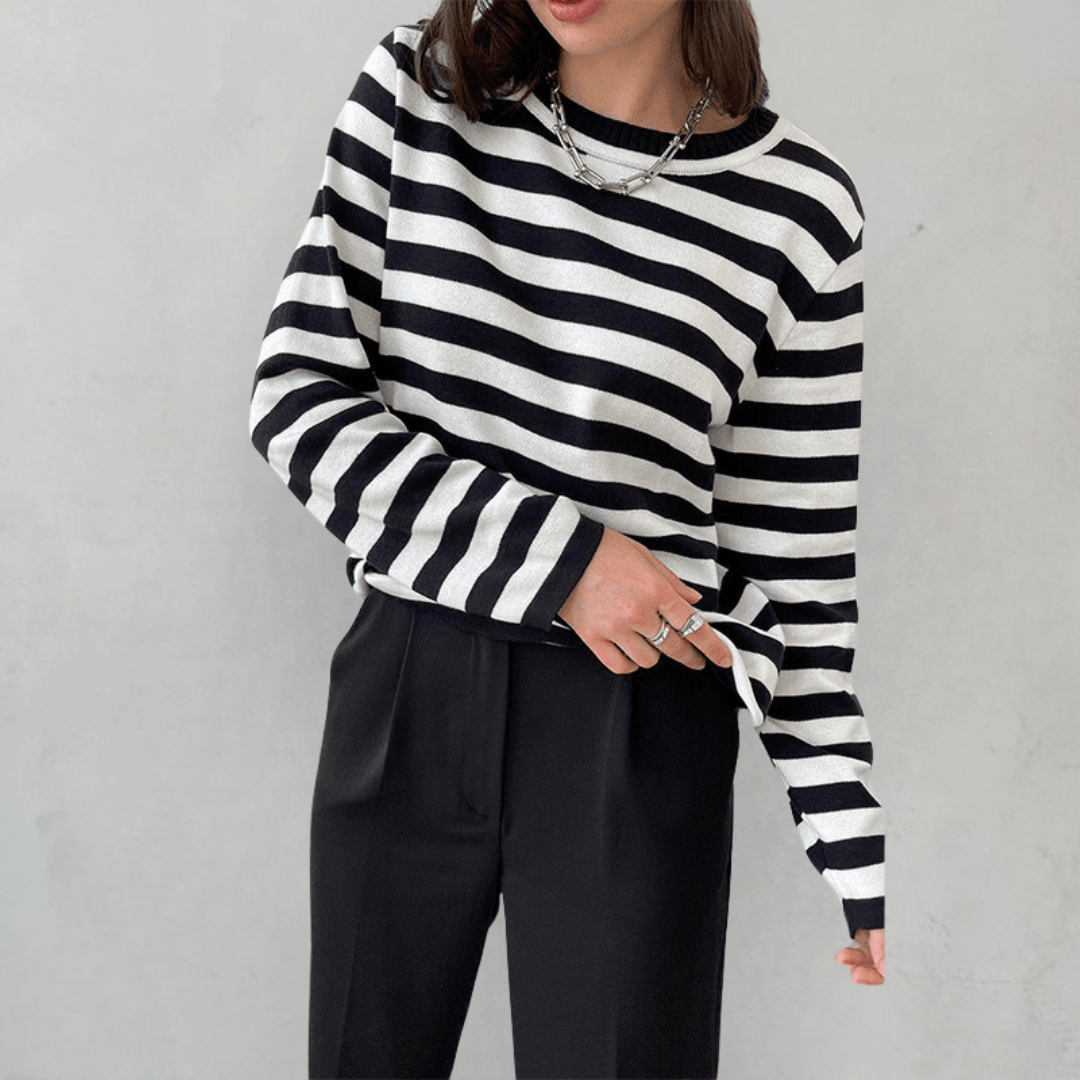Gestreepte Trui | Ronde Hals | Dunne | Oversized Lange Mouwen | Damestruien-Hallo Susanne
