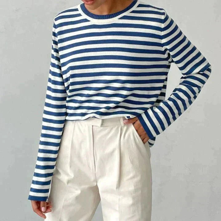 Gestreepte Trui | Ronde Hals | Dunne | Oversized Lange Mouwen | Damestruien-Hallo Susanne