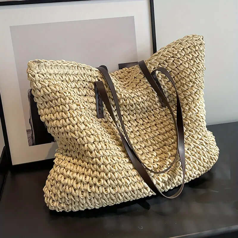 Geweven tas - Geweven shopper damestas met leren riemen-Hallo Susanne