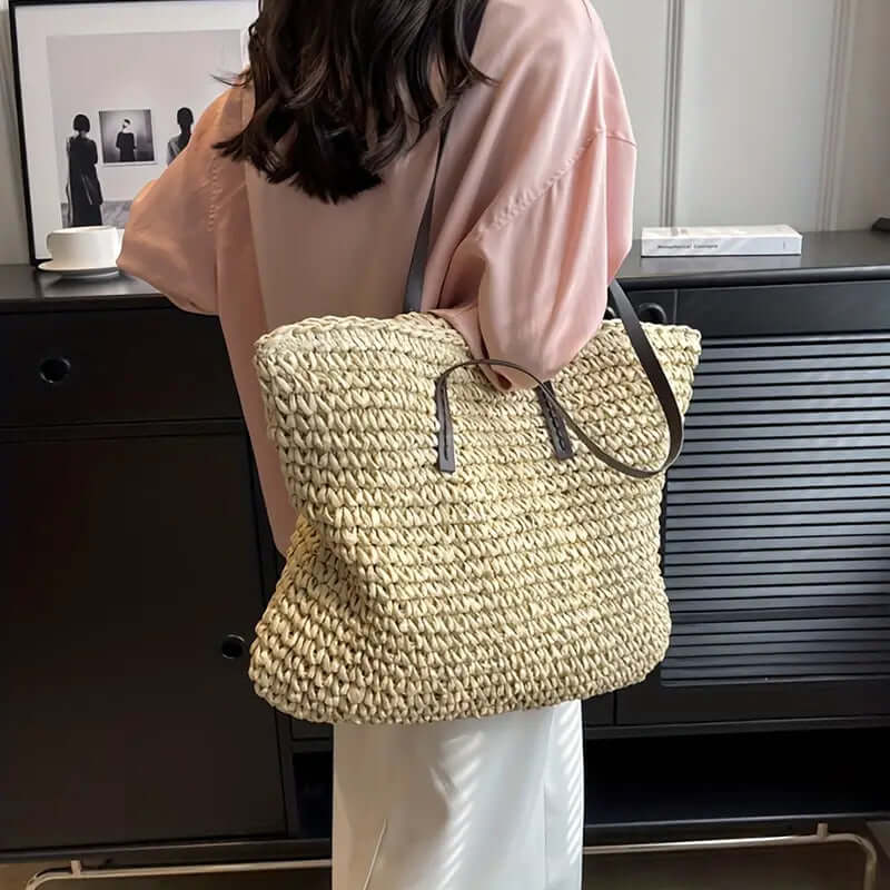 Geweven tas - Geweven shopper damestas met leren riemen-Hallo Susanne