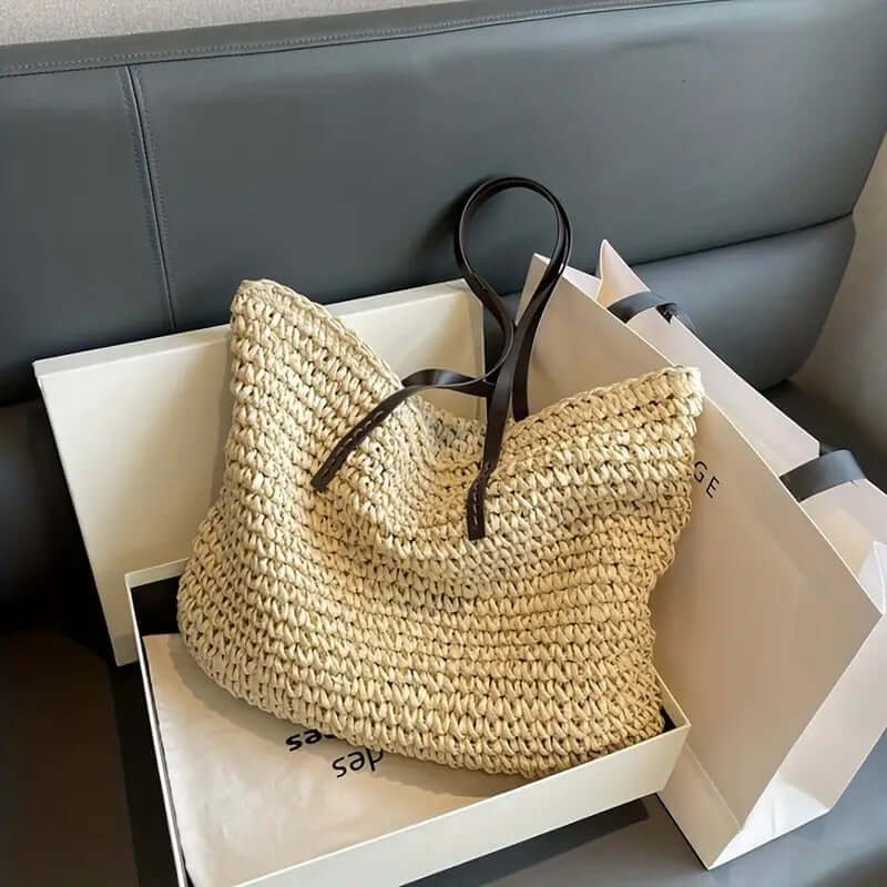 Geweven tas - Geweven shopper damestas met leren riemen-Hallo Susanne
