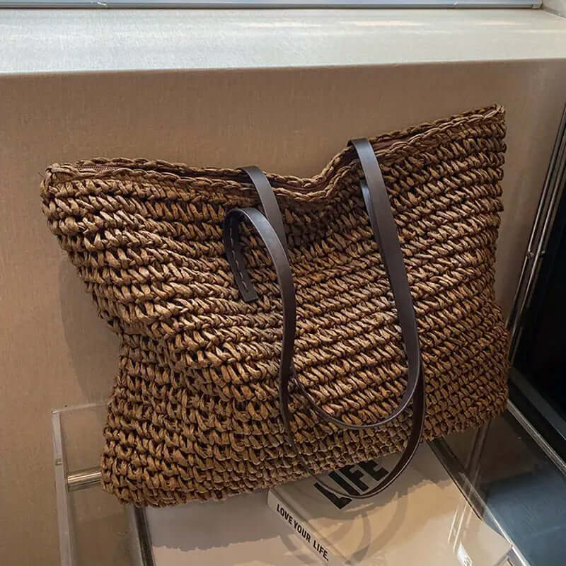 Geweven tas - Geweven shopper damestas met leren riemen-Hallo Susanne