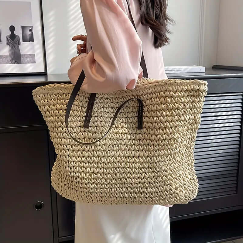Geweven tas - Geweven shopper damestas met leren riemen-Hallo Susanne