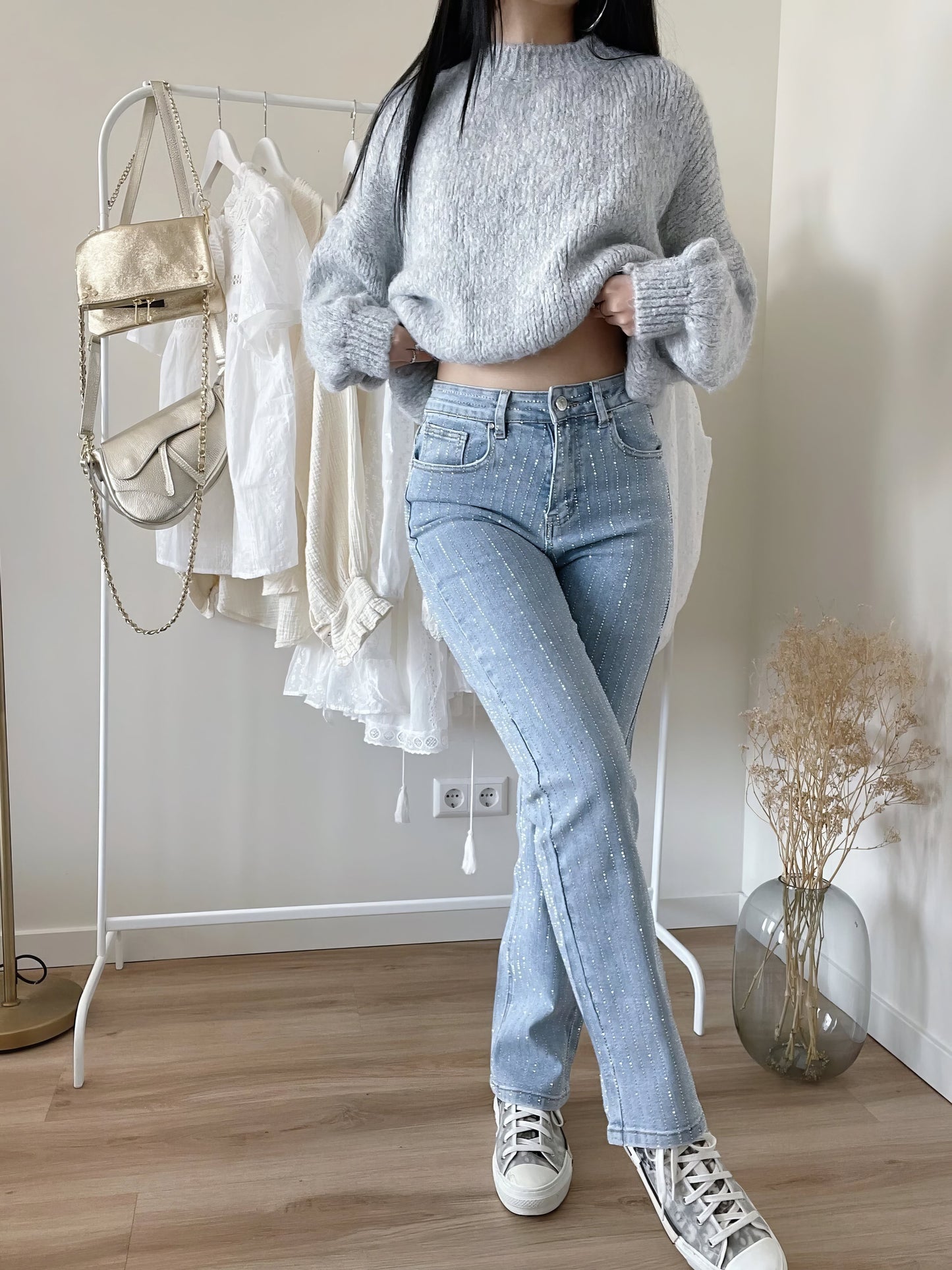 Glitterjeans - Damesjeans met hoge taille en rechte pijpen in lichtblauw-Hallo Susanne