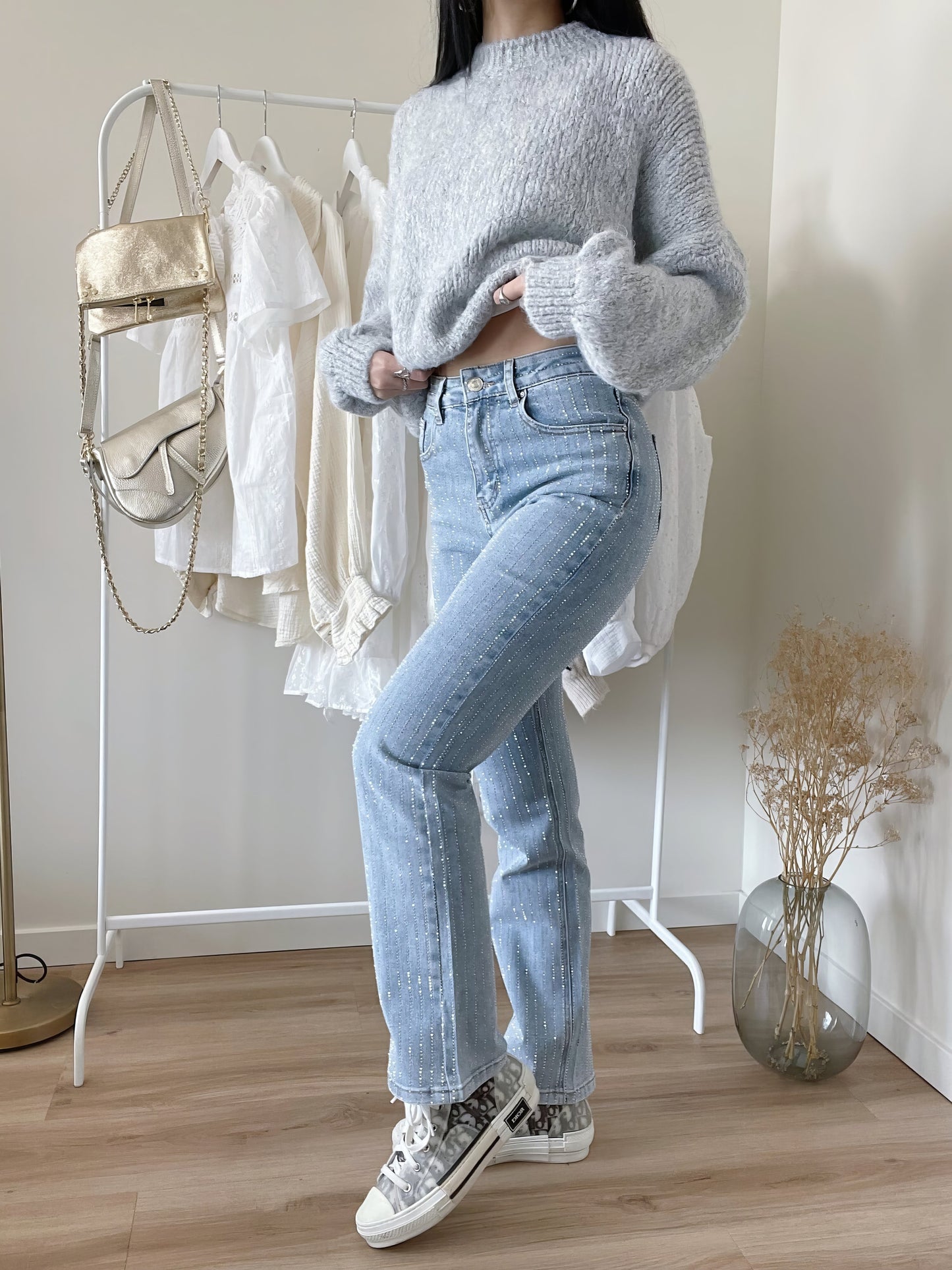 Glitterjeans - Damesjeans met hoge taille en rechte pijpen in lichtblauw-Hallo Susanne