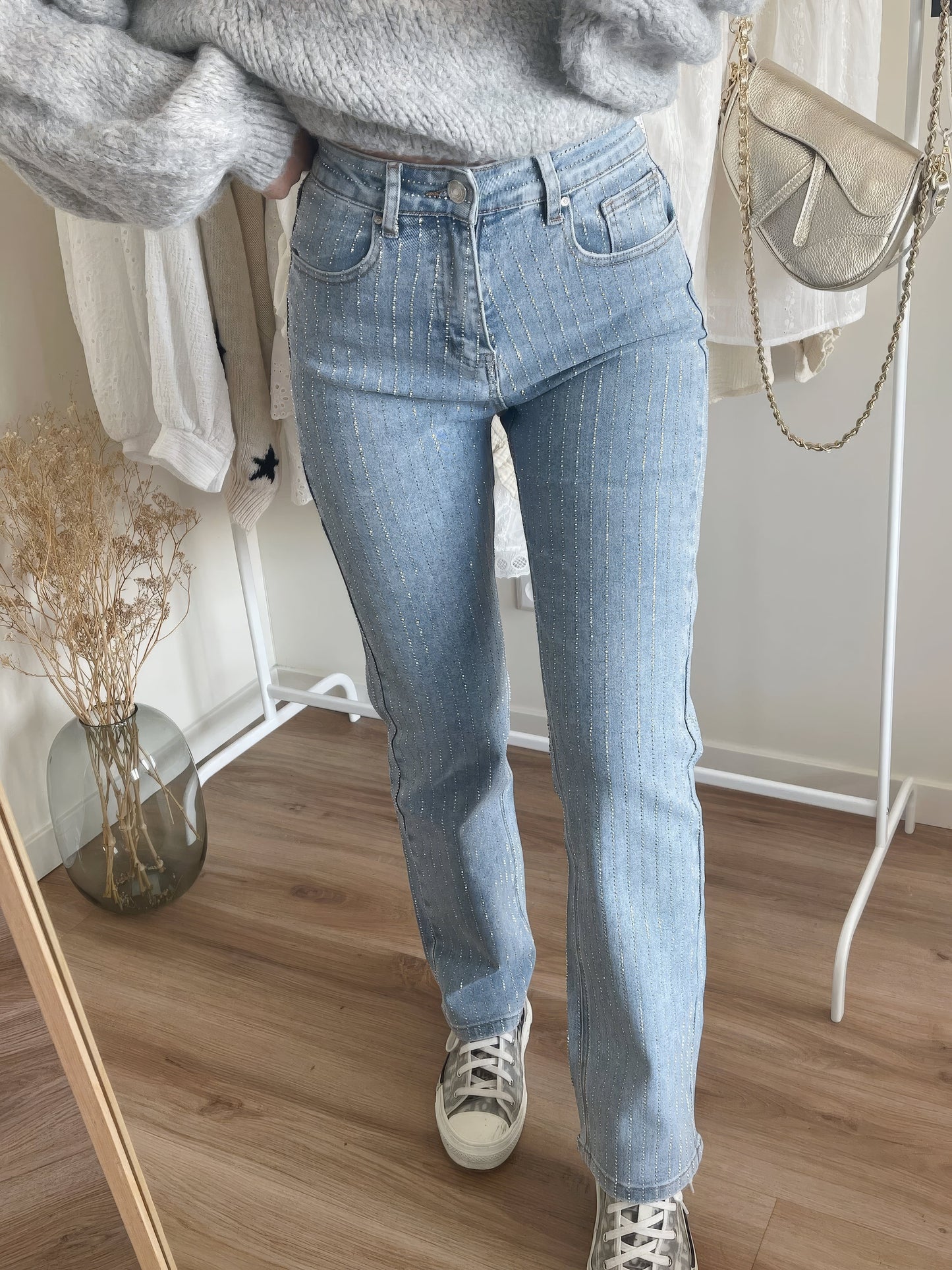 Glitterjeans - Damesjeans met hoge taille en rechte pijpen in lichtblauw-Hallo Susanne