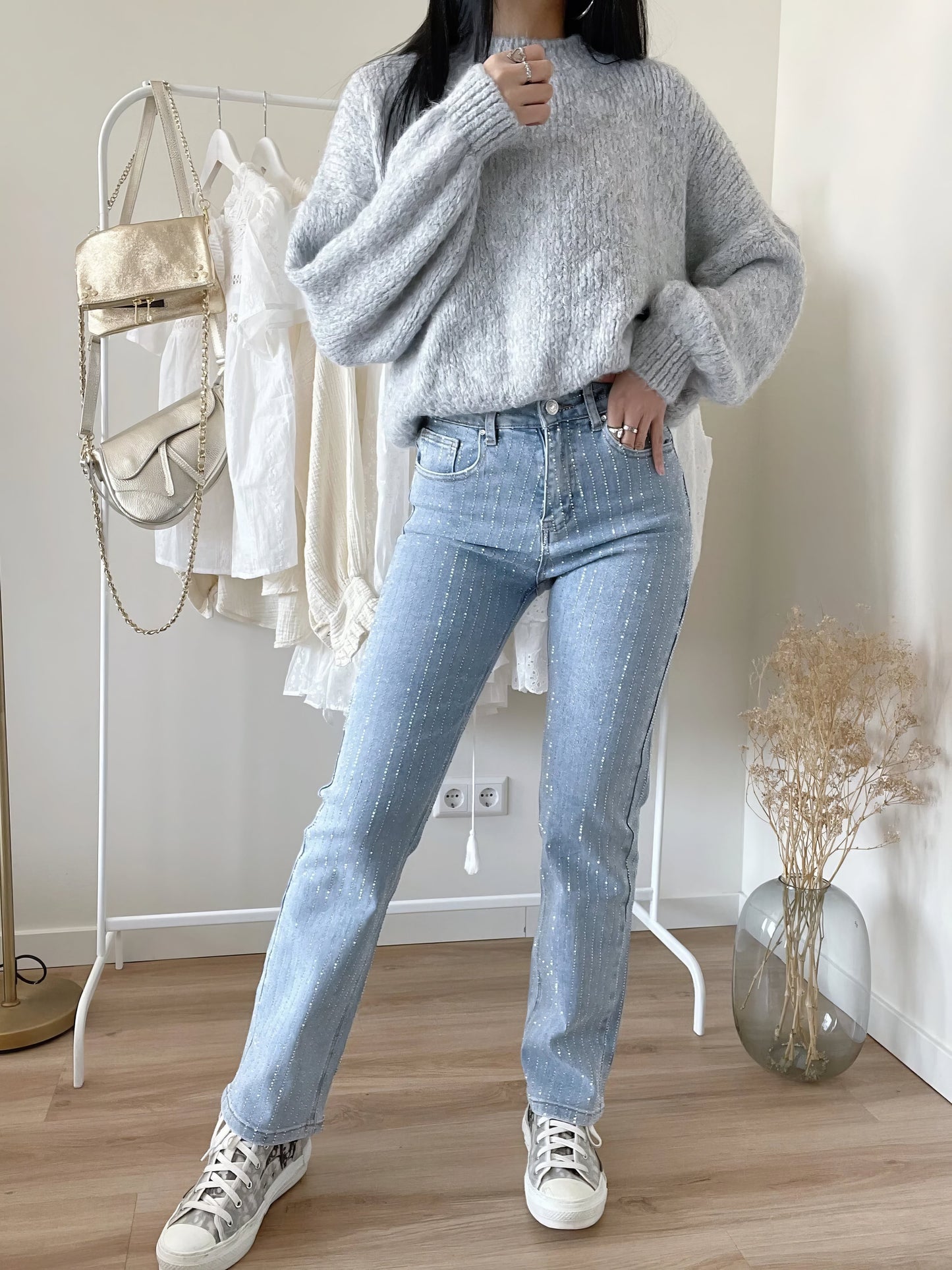 Glitterjeans - Damesjeans met hoge taille en rechte pijpen in lichtblauw-Hallo Susanne