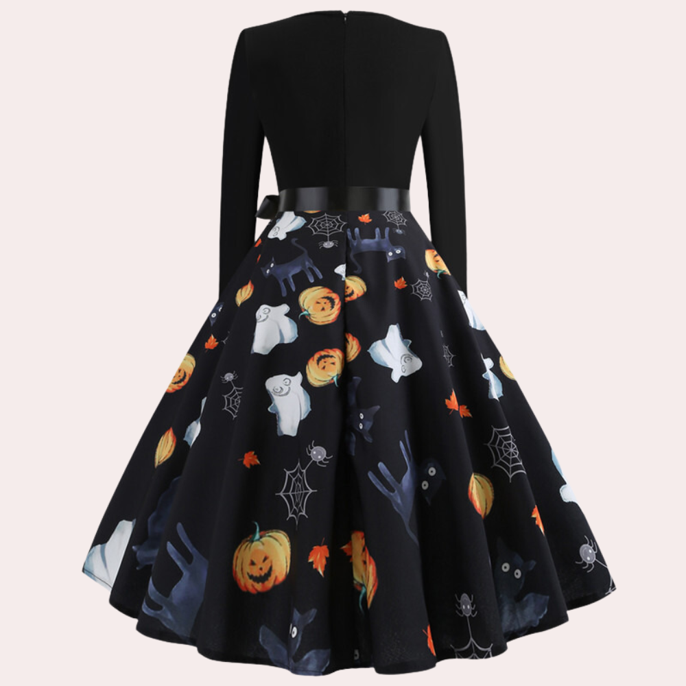Halloween-jurk | Pompoenprint | Lange mouwen | A-lijn jurk | Damesjurk-Hallo Susanne