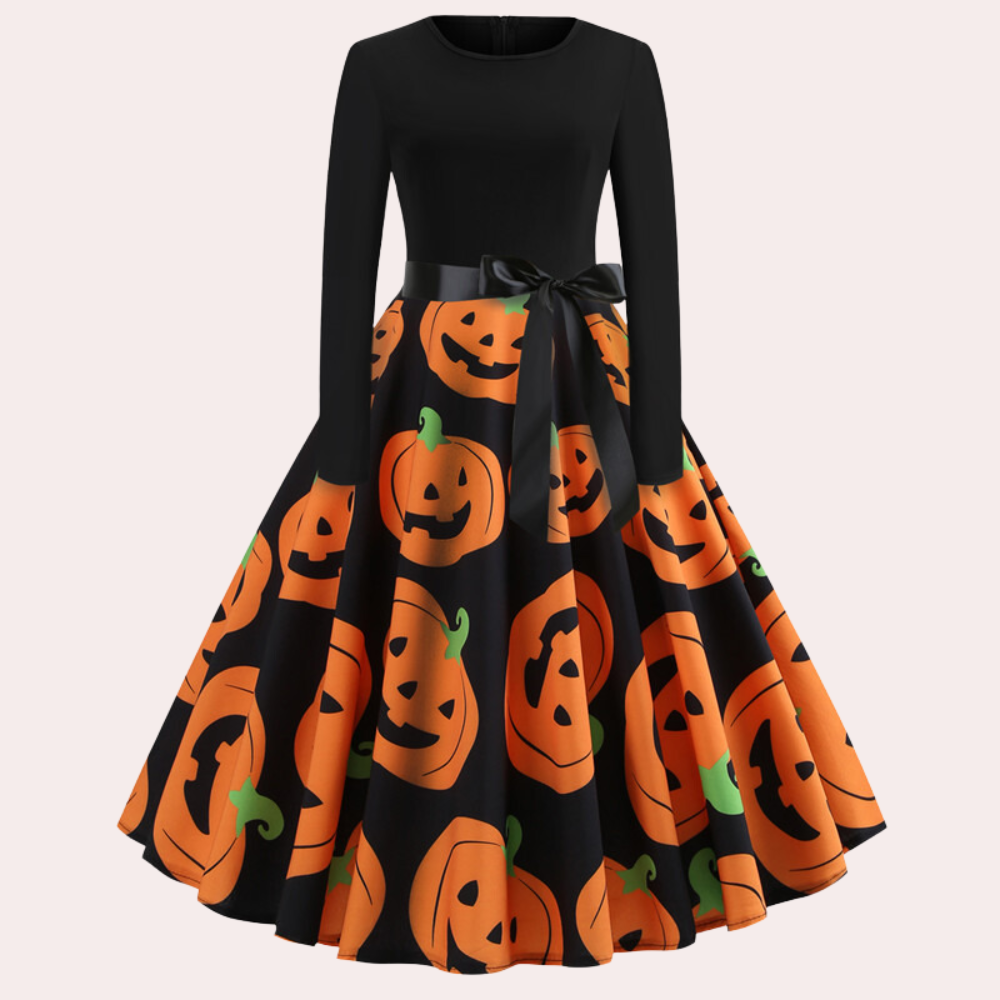 Halloween-jurk | Pompoenprint | Lange mouwen | A-lijn jurk | Damesjurk-Hallo Susanne