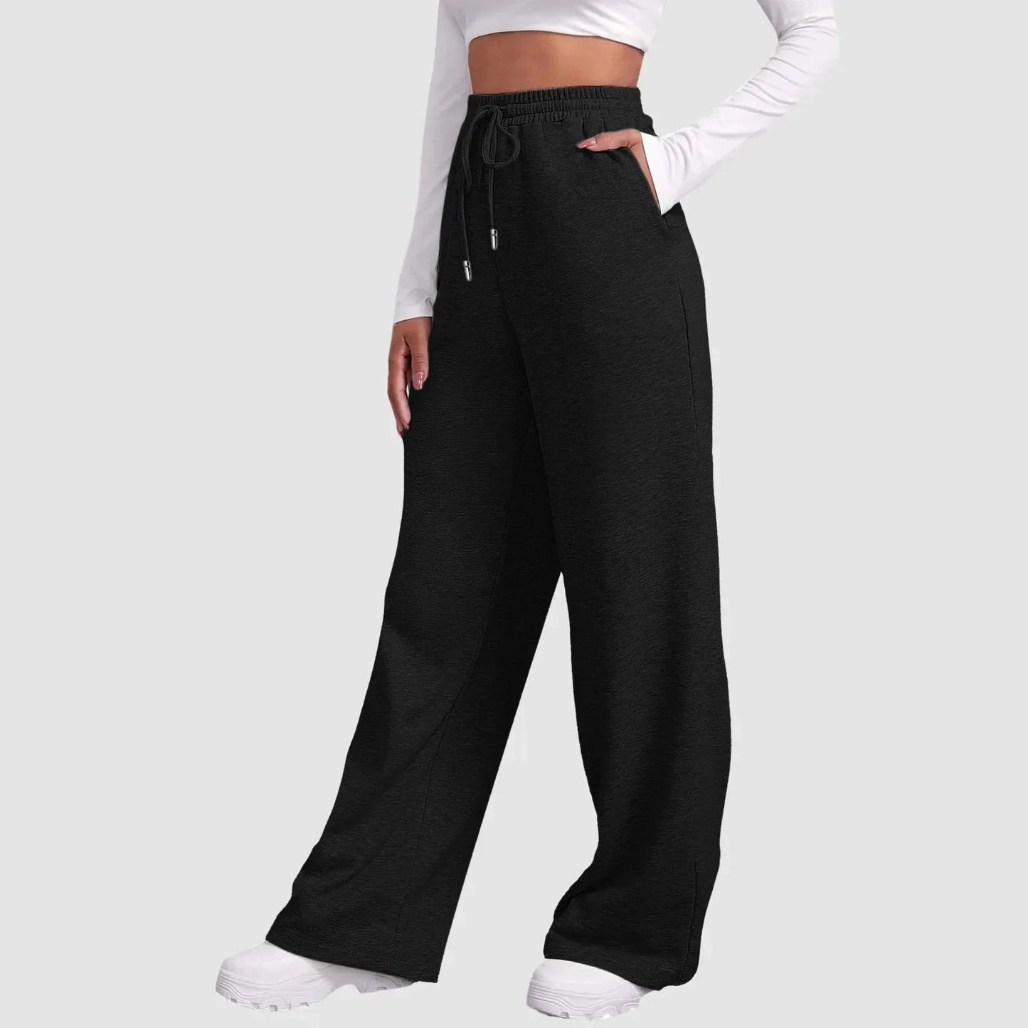 Joggingbroek met wijde pijpen - Dames joggingbroek met elastische tailleband en trekkoord-Hallo Susanne