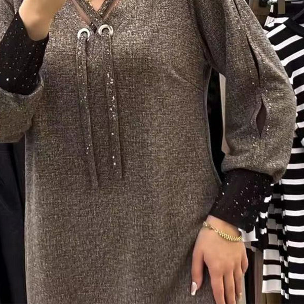 Jurk met lange mouwen - Los model - Lantaarnmouw - Midi-jurk - Jurk met V-hals-Hallo Susanne