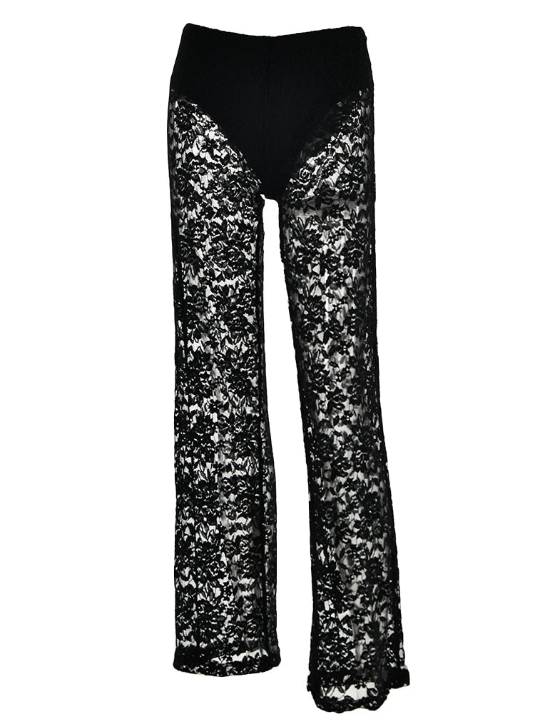 Kanten broek - Hoge taille - Wijde pijpen - Doorkijkbroek met kant - Damesbroek-Hallo Susanne