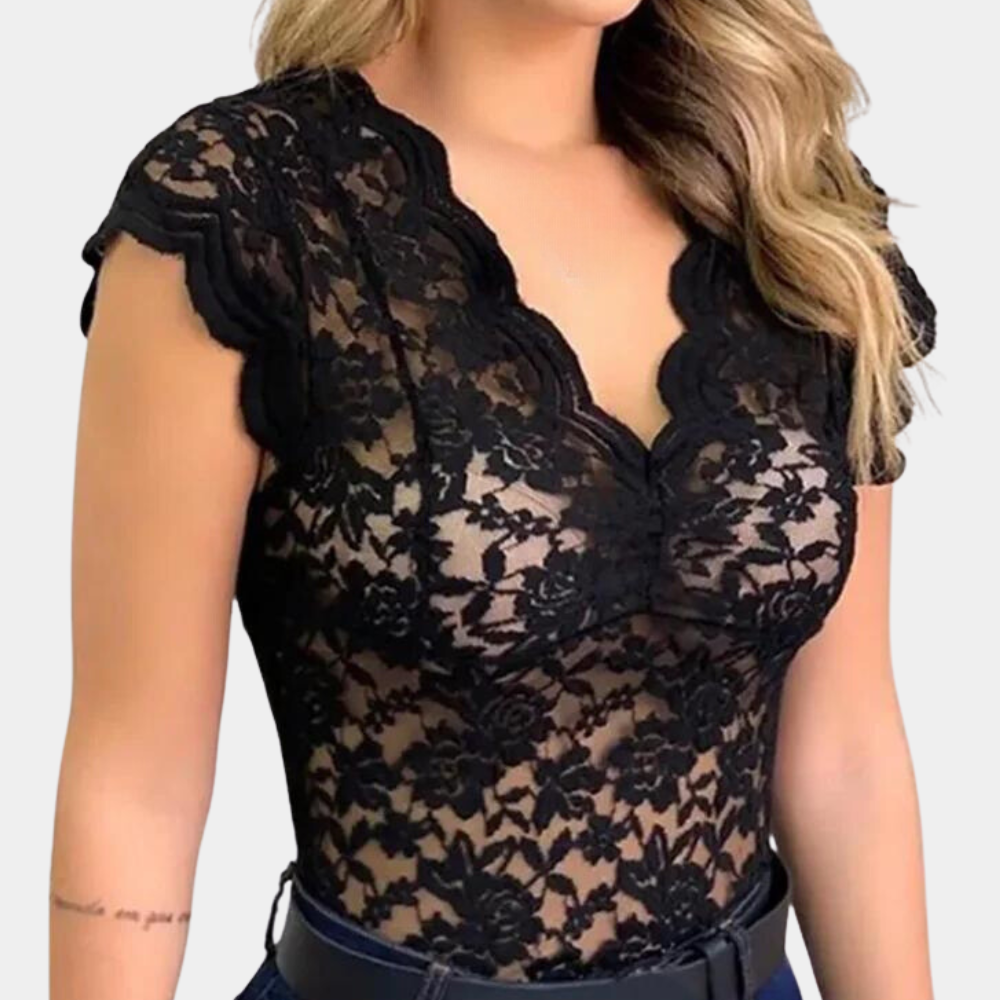 Kanten top | Slim fit | V-hals | Mouwloze kanten top | Dameskleding-Hallo Susanne