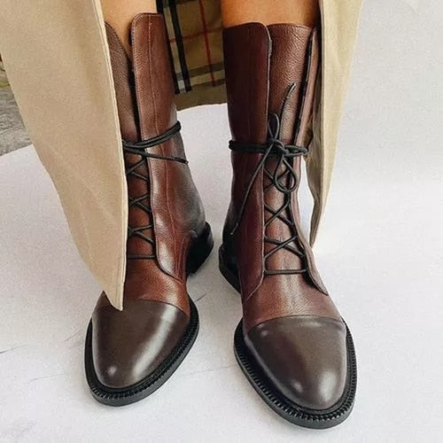 Leren Laarzen - Dames Vintage Mid Calf Lace Up Laarzen-Hallo Susanne