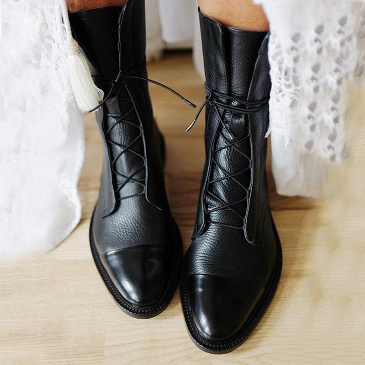 Leren Laarzen - Dames Vintage Mid Calf Lace Up Laarzen-Hallo Susanne