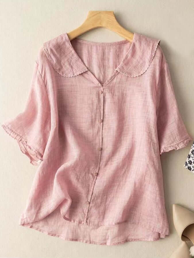 Linnen Blouse - Korte Mouw - Poppenkraag - Dames Zomertops - Linnen T-Shirts Vrouwen-Hallo Susanne