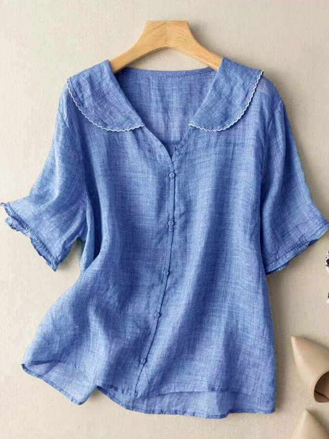 Linnen Blouse - Korte Mouw - Poppenkraag - Dames Zomertops - Linnen T-Shirts Vrouwen-Hallo Susanne