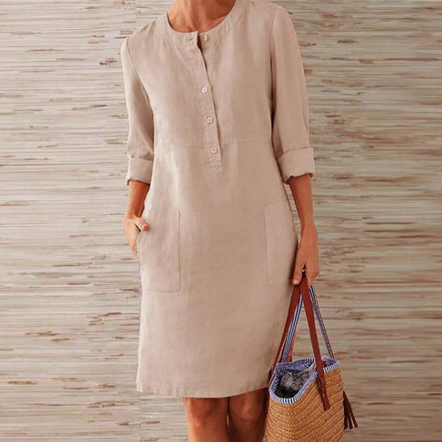 Linnen jurk | Lange mouwen | Knoopsluiting | Knie-lengte | Zomerjurk-Hallo Susanne