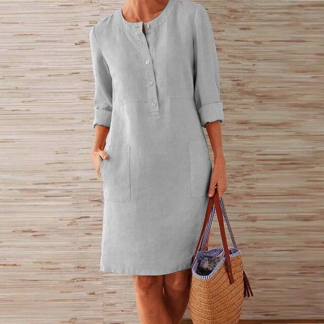 Linnen jurk | Lange mouwen | Knoopsluiting | Knie-lengte | Zomerjurk-Hallo Susanne