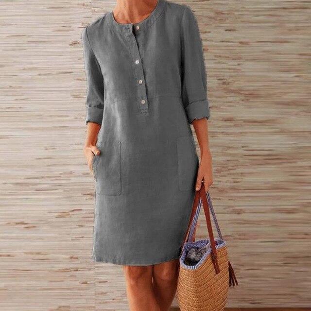 Linnen jurk | Lange mouwen | Knoopsluiting | Knie-lengte | Zomerjurk-Hallo Susanne