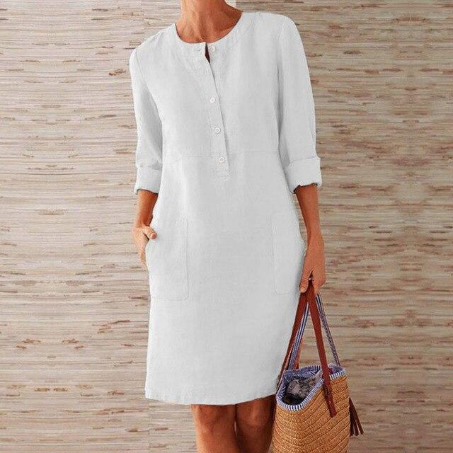 Linnen jurk | Lange mouwen | Knoopsluiting | Knie-lengte | Zomerjurk-Hallo Susanne