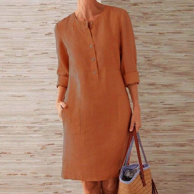 Linnen jurk | Lange mouwen | Knoopsluiting | Knie-lengte | Zomerjurk-Hallo Susanne