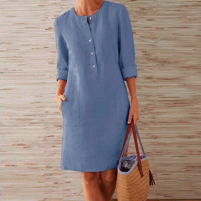 Linnen jurk | Lange mouwen | Knoopsluiting | Knie-lengte | Zomerjurk-Hallo Susanne