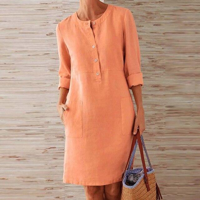 Linnen jurk | Lange mouwen | Knoopsluiting | Knie-lengte | Zomerjurk-Hallo Susanne