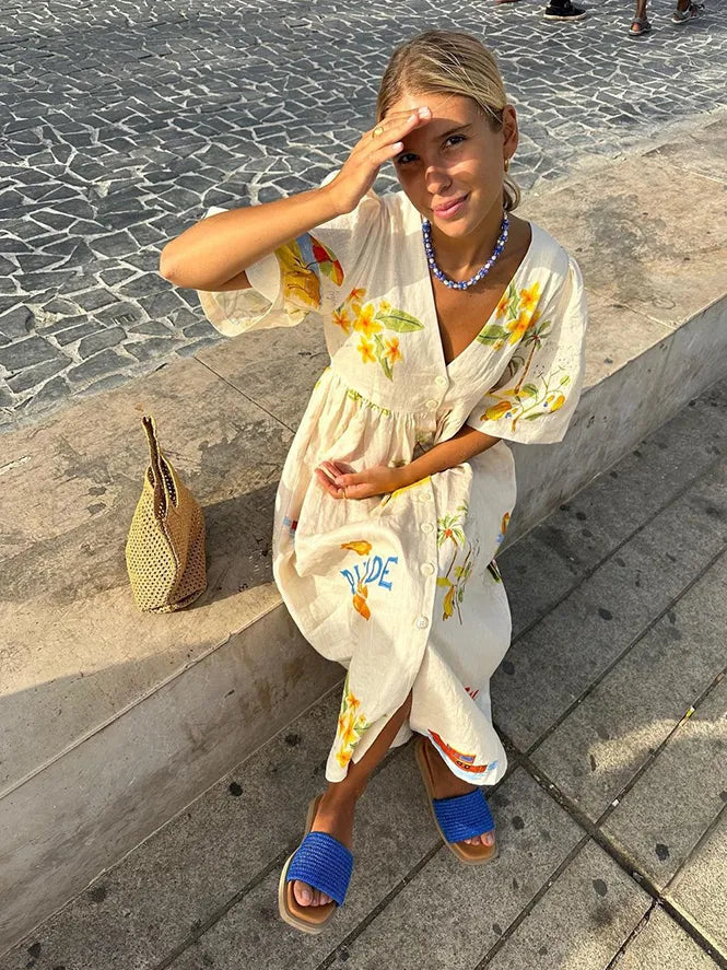 Linnen jurk - Losvallende midi zomerjurk met knoopsluiting voor dames-Hallo Susanne