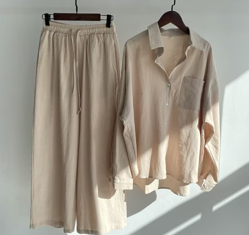 Linnen tweedelige set - Lichtgewicht - Wijde pijpen - Linnen co-örd - Zomerkleding voor dames-Hallo Susanne