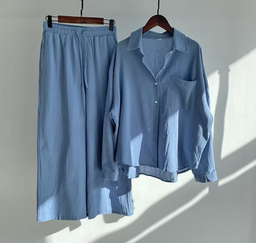 Linnen tweedelige set - Lichtgewicht - Wijde pijpen - Linnen co-örd - Zomerkleding voor dames-Hallo Susanne