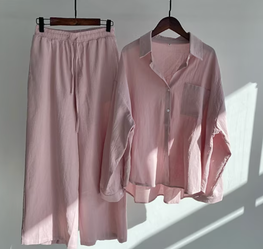 Linnen tweedelige set - Lichtgewicht - Wijde pijpen - Linnen co-örd - Zomerkleding voor dames-Hallo Susanne
