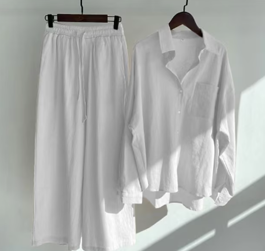 Linnen tweedelige set - Lichtgewicht - Wijde pijpen - Linnen co-örd - Zomerkleding voor dames-Hallo Susanne