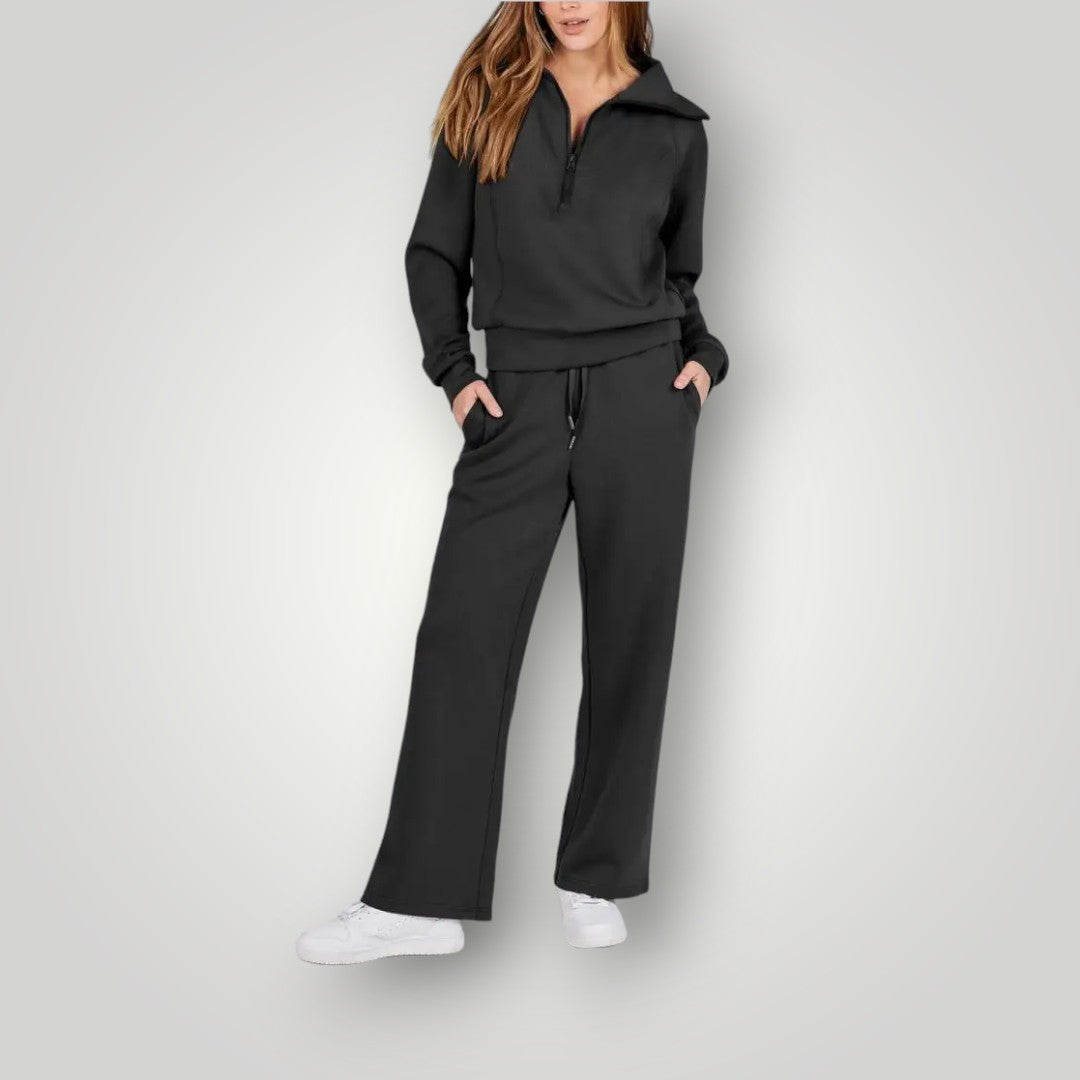 Loungewear Set | Halve rits | Wijde pijpen | Tweedelige set | Trainingspak voor dames-Hallo Susanne