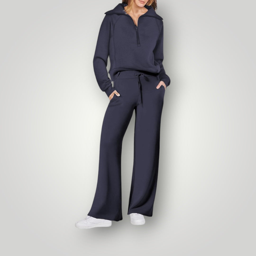 Loungewear Set | Halve rits | Wijde pijpen | Tweedelige set | Trainingspak voor dames-Hallo Susanne