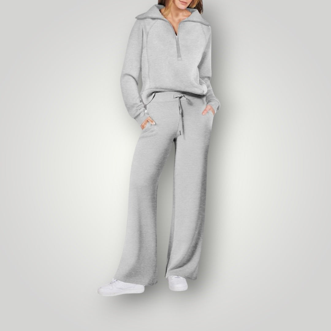 Loungewear Set | Halve rits | Wijde pijpen | Tweedelige set | Trainingspak voor dames-Hallo Susanne