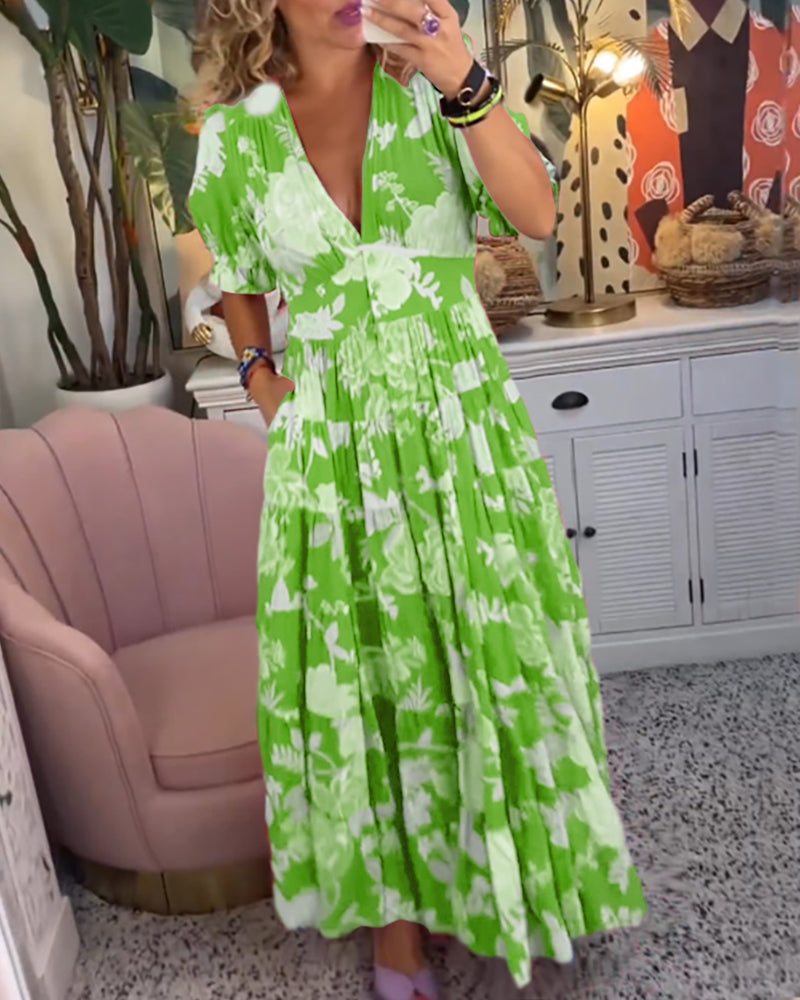Maxi Zondagjurk - Korte Mouw - V-Hals - Bloemenjurk - Maxi Jurk-Hallo Susanne