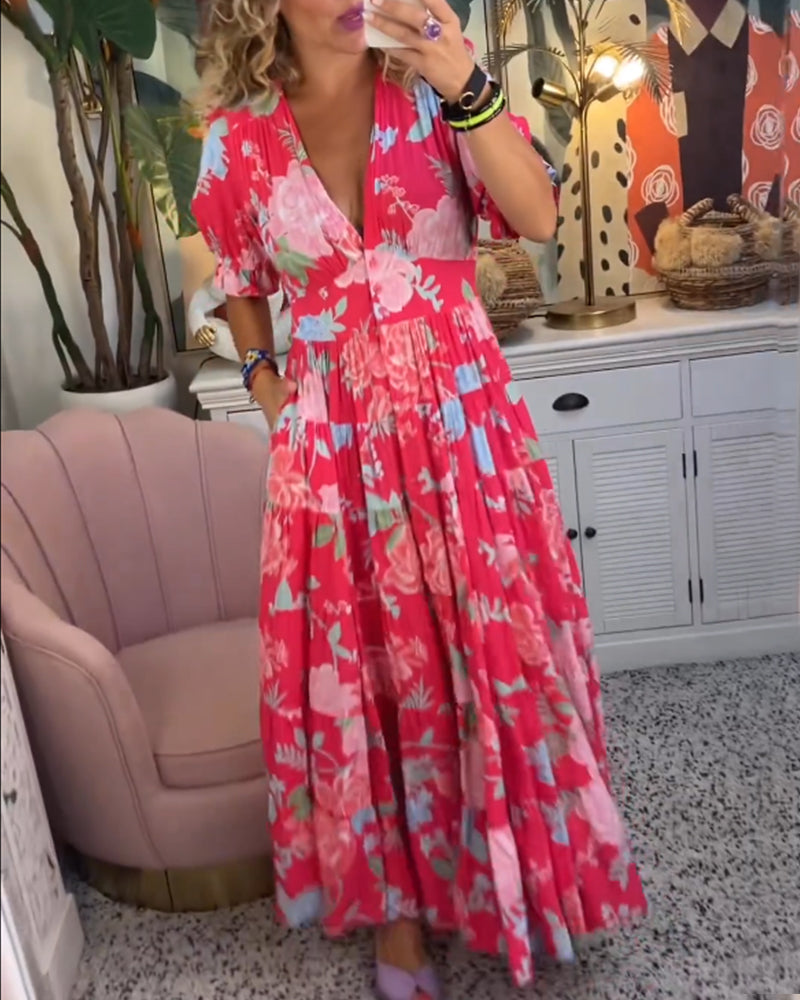 Maxi Zondagjurk - Korte Mouw - V-Hals - Bloemenjurk - Maxi Jurk-Hallo Susanne