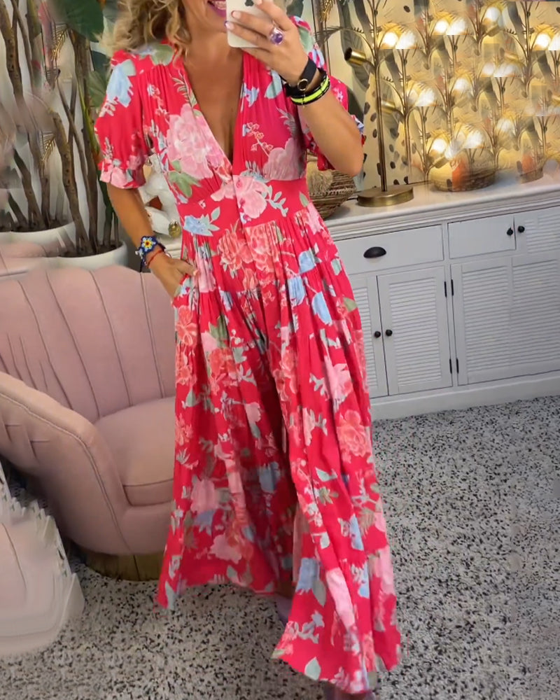 Maxi Zondagjurk - Korte Mouw - V-Hals - Bloemenjurk - Maxi Jurk-Hallo Susanne