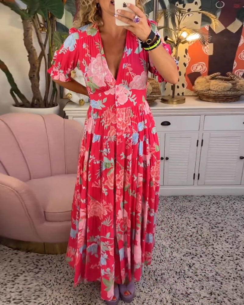 Maxi Zondagjurk - Korte Mouw - V-Hals - Bloemenjurk - Maxi Jurk-Hallo Susanne