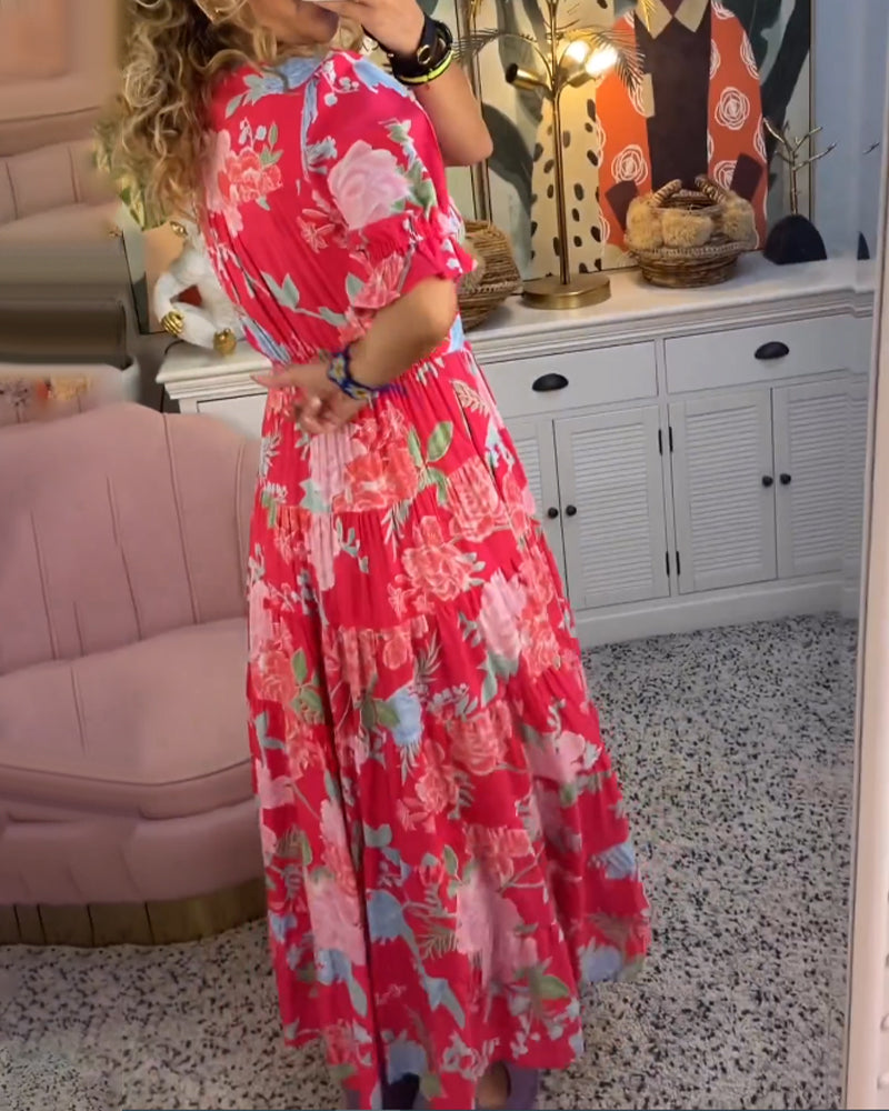 Maxi Zondagjurk - Korte Mouw - V-Hals - Bloemenjurk - Maxi Jurk-Hallo Susanne