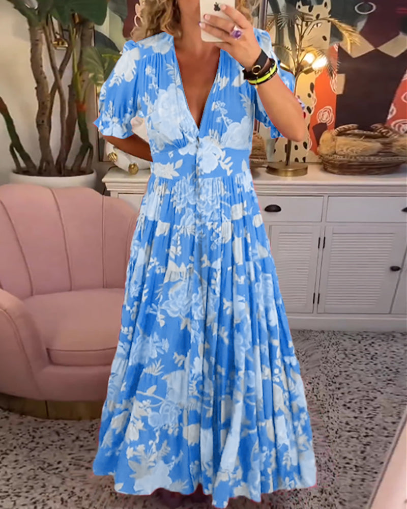 Maxi Zondagjurk - Korte Mouw - V-Hals - Bloemenjurk - Maxi Jurk-Hallo Susanne
