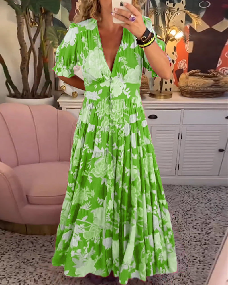 Maxi Zondagjurk - Korte Mouw - V-Hals - Bloemenjurk - Maxi Jurk-Hallo Susanne