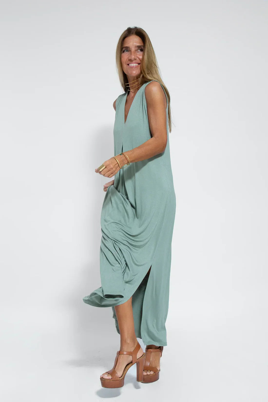 Maxi-jurk - Damesjurk met V-hals en lang vest, tweedelige set-Hallo Susanne