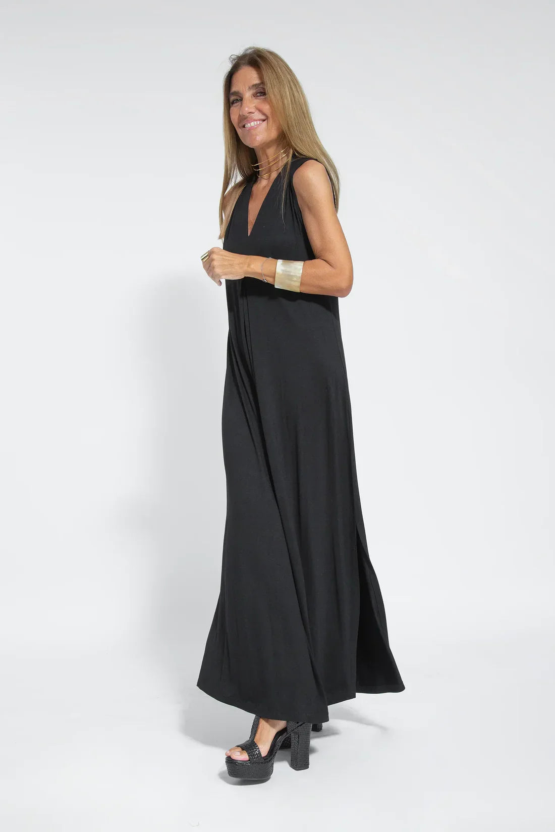 Maxi-jurk - Damesjurk met V-hals en lang vest, tweedelige set-Hallo Susanne