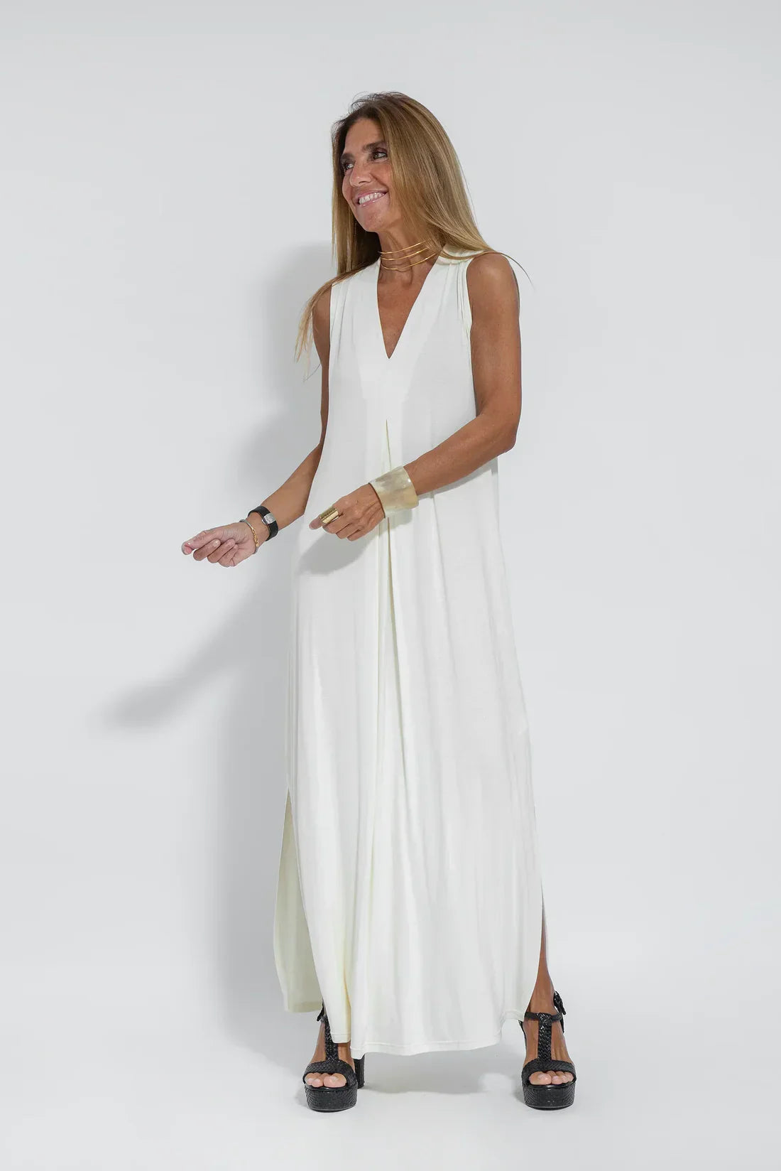 Maxi-jurk - Damesjurk met V-hals en lang vest, tweedelige set-Hallo Susanne