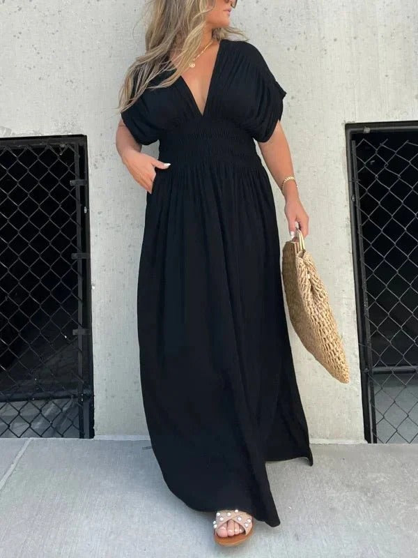 Maxi jurk - V-hals - Gerimpelde taille - Zomerjurk - Maxizonnejurk-Hallo Susanne