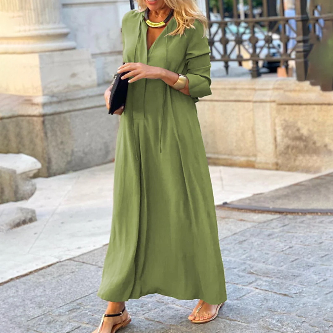 Maxi-jurk | V-hals | Lange mouwen | A-lijn jurk | Maxi-zomerjurk-Hallo Susanne