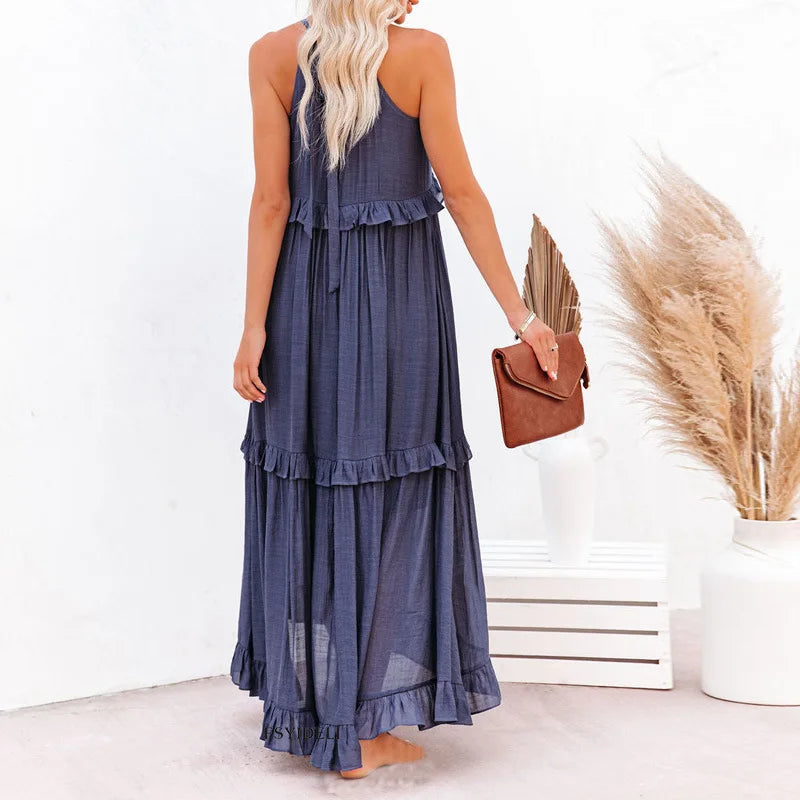 Maxi jurk met ruches | Halterhals | Mouwloos | Soepelvallende Jurk | Maxi Zondress-Hallo Susanne